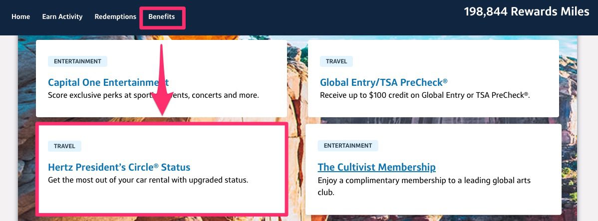 Hertz President's Circle status enrollment via Capital One Venture X Card portal