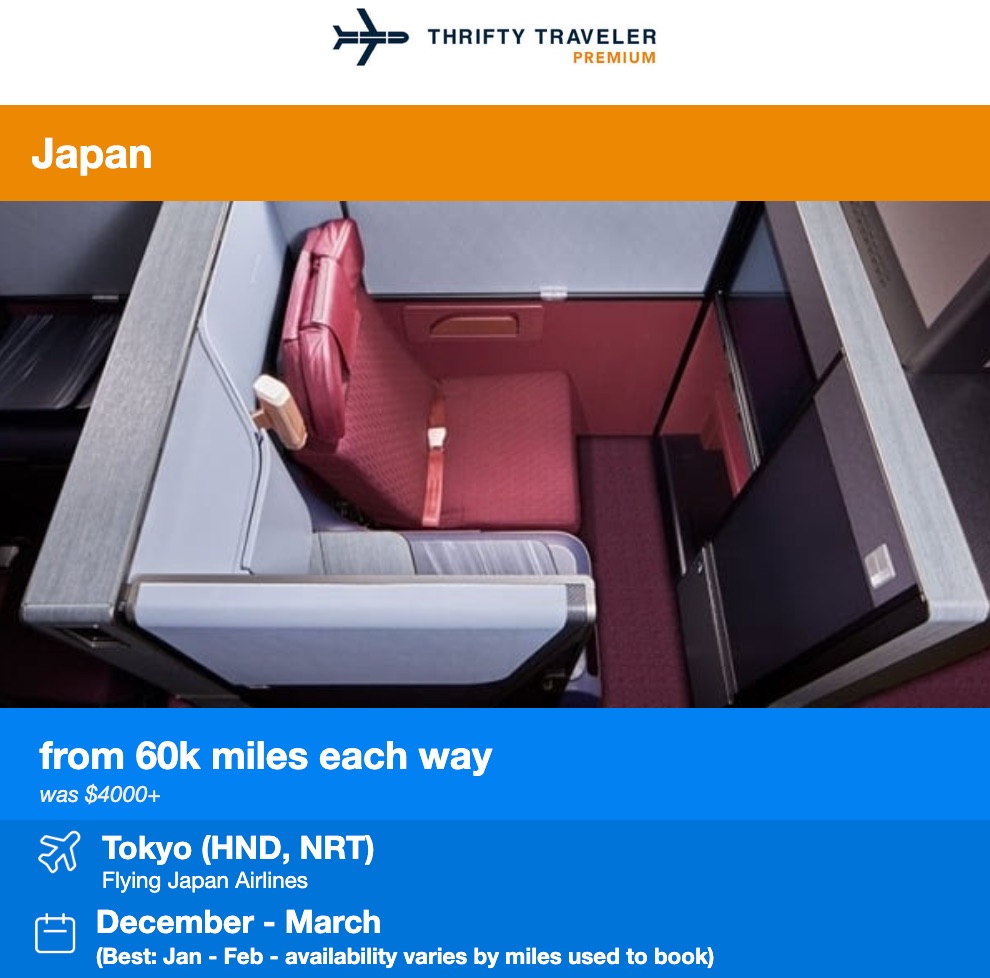 Thrifty Traveler Premium flight deal alert for Japan Airlines business class suites from 60,000 miles each way. Was $4,000. 