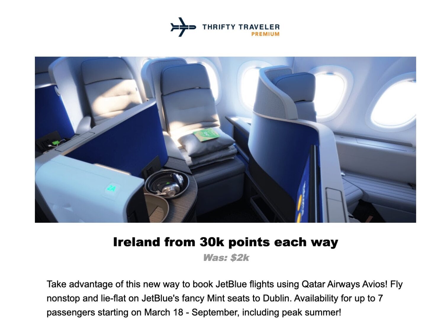 JetBlue business class Thrifty Traveler Premium flight deal