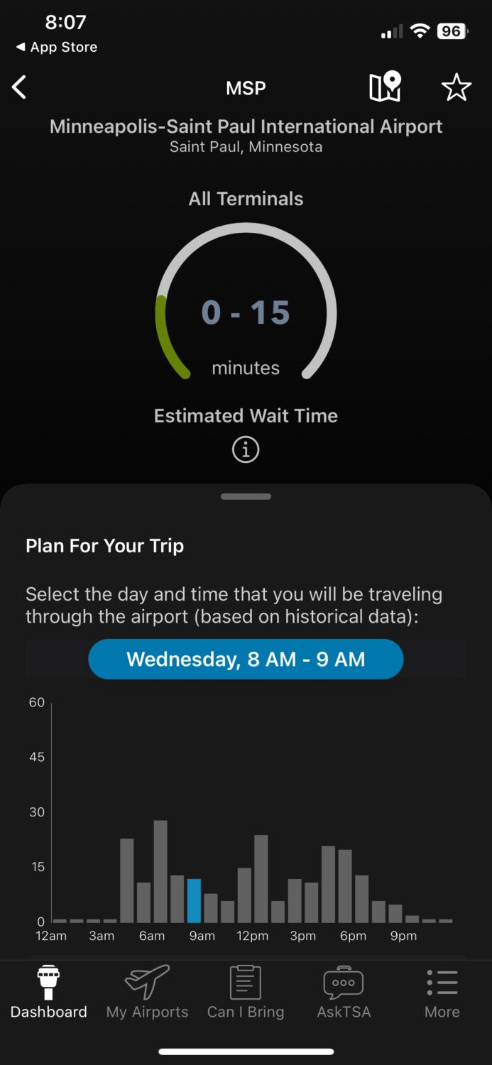 TSA wait times at MSP Airport on the MyTSA app