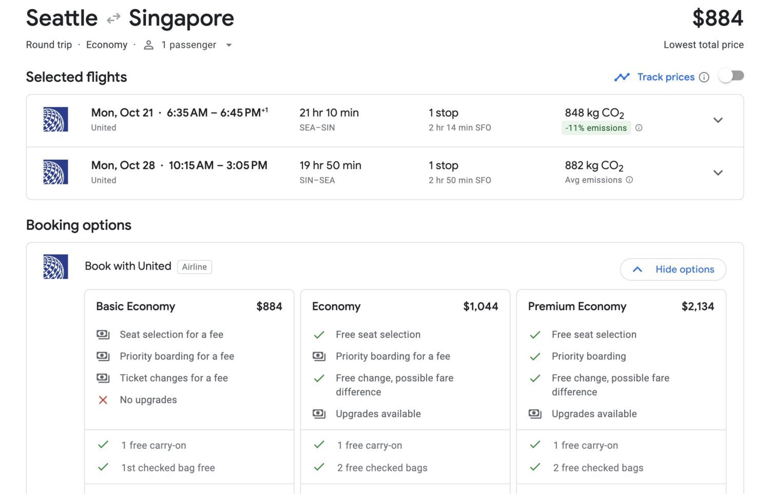 SEA-SIN United airfare