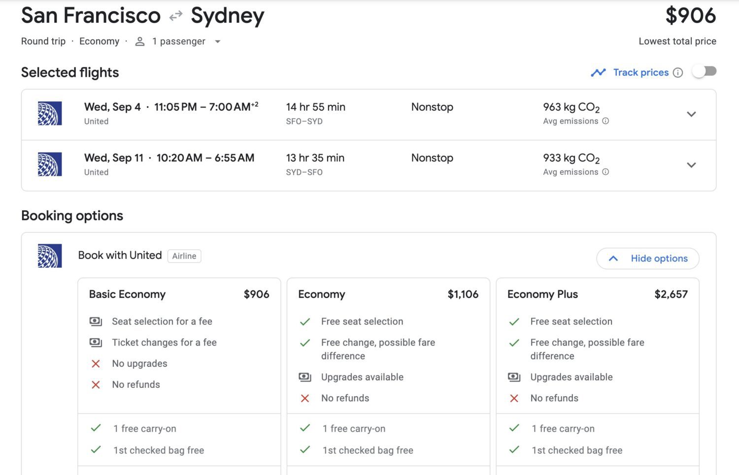 SFO-SYD United Basic Economy