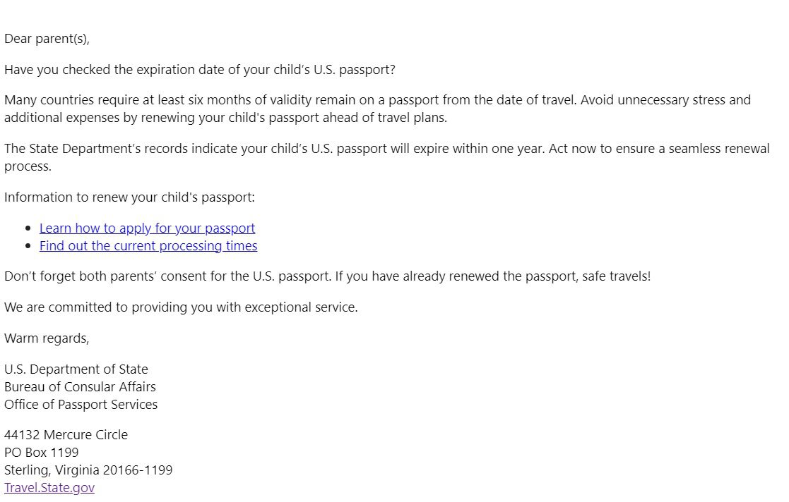 Sample of a passport reminder email from the U.S. State Department