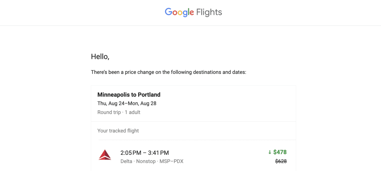 Google Flights price alert