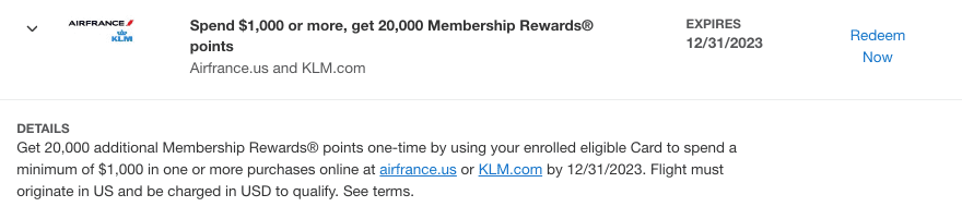 Air France/KLM spend $1000, earn 20,000 Amex points