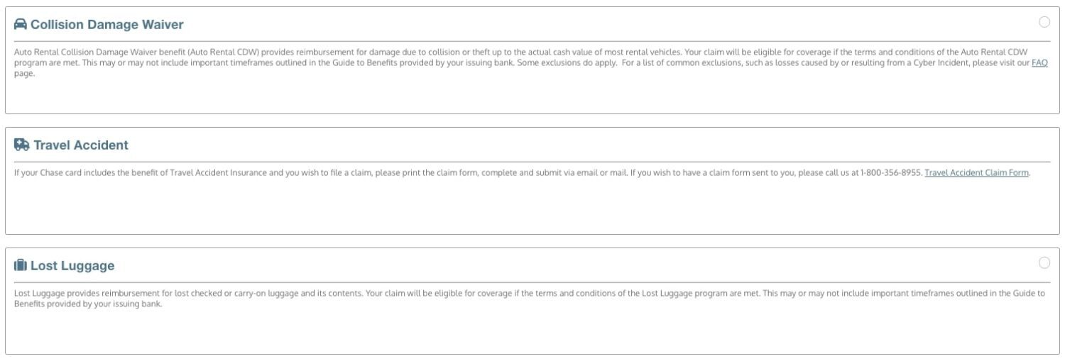 claim type - collision damage waiver, travel accident, lost luggage