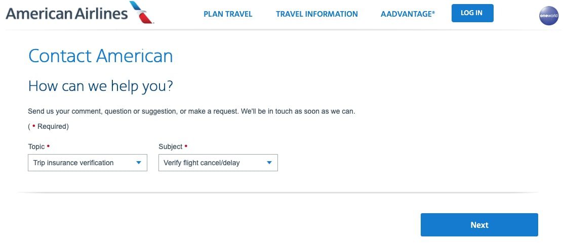 AA trip delay verification screen
