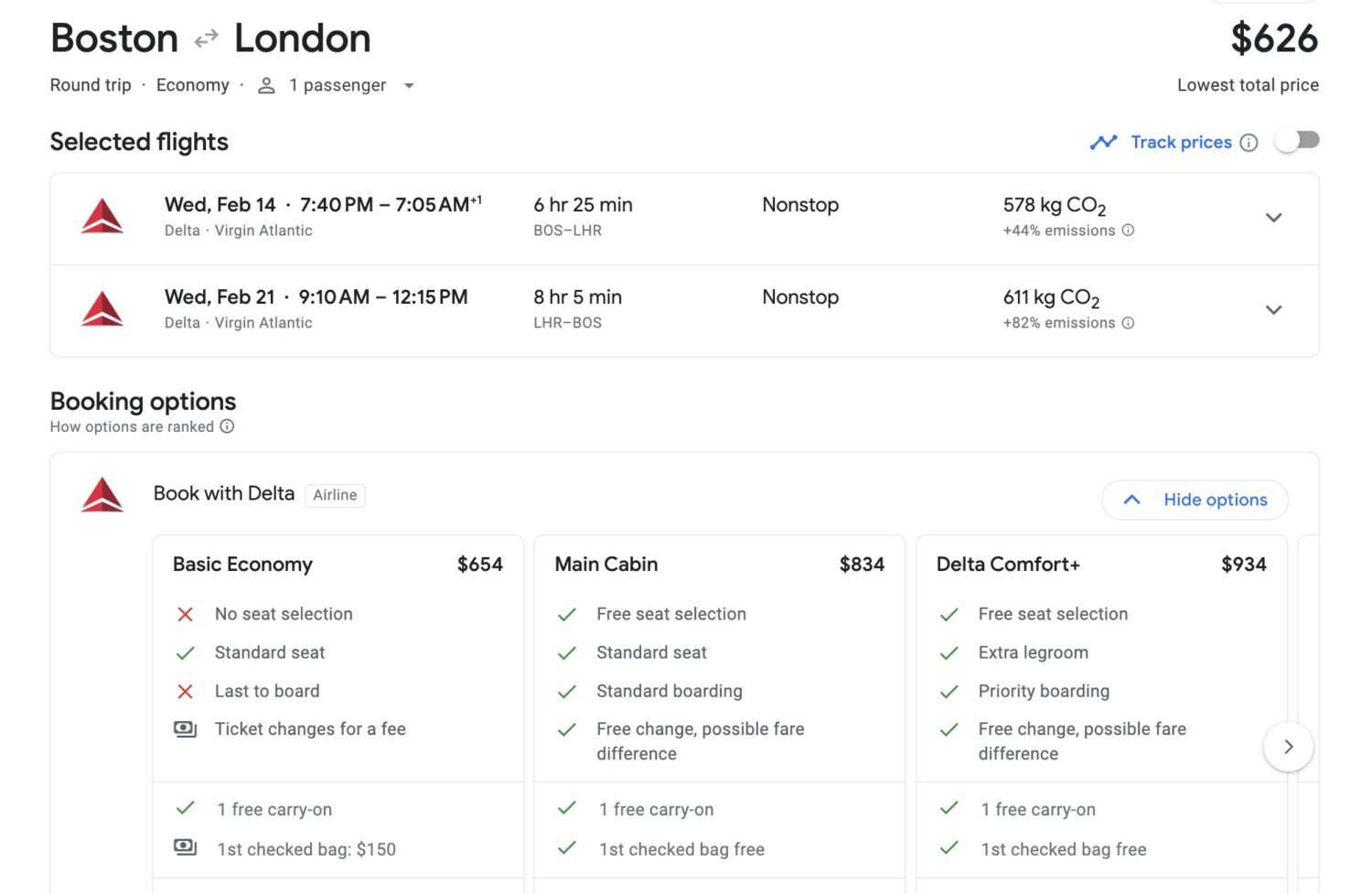 Boston to London Delta flight