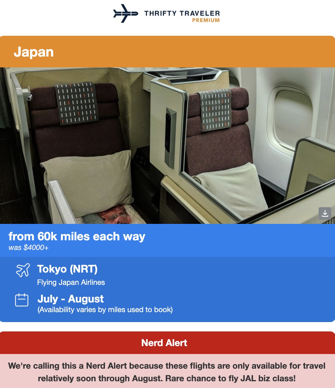 Japan Airlines business class fight deal for 60,000 points each way. 