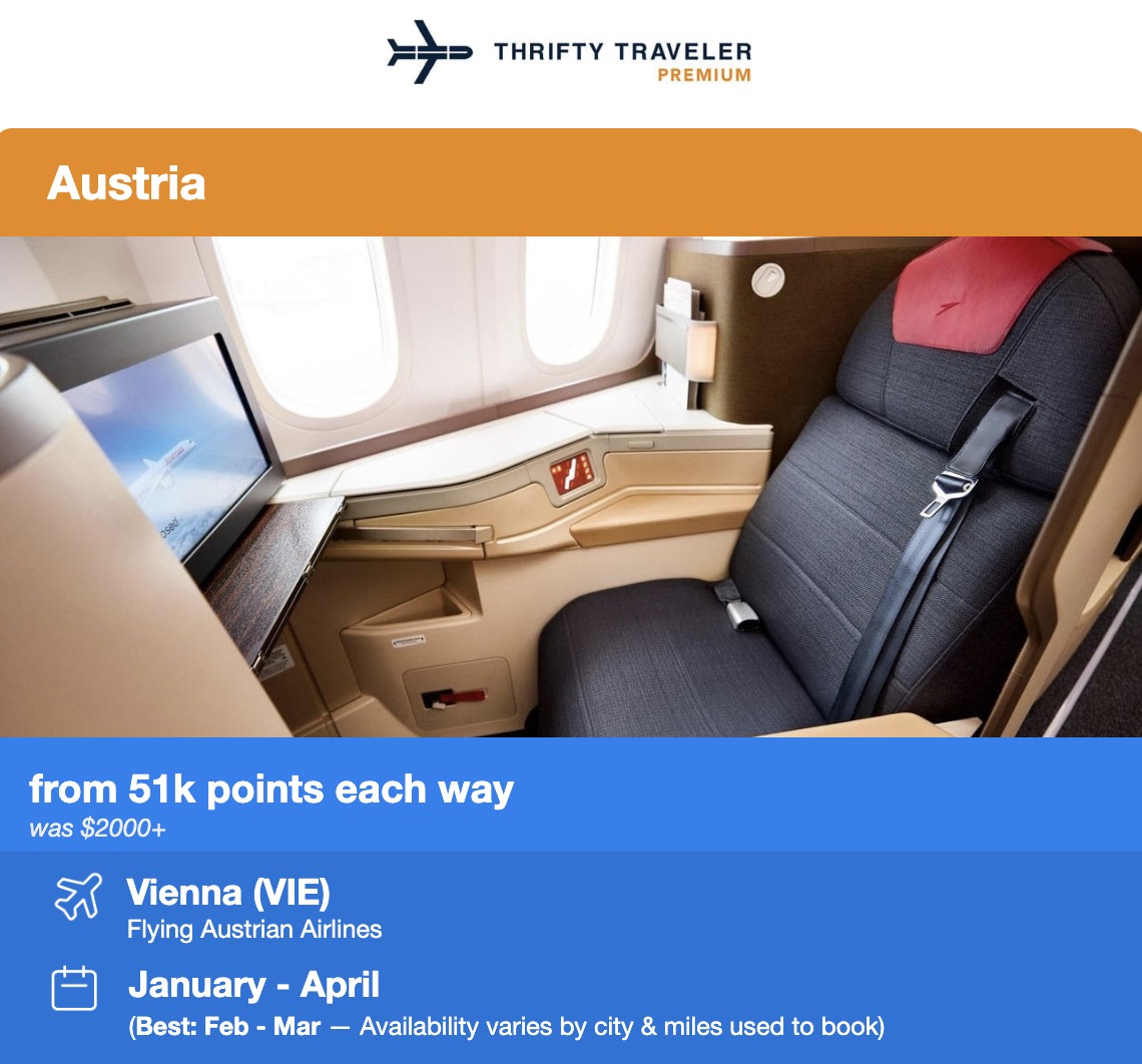 Thrifty Traveler Premium flight deal for Austrian Airlines business class to Vienna from 51,000 points each way. 