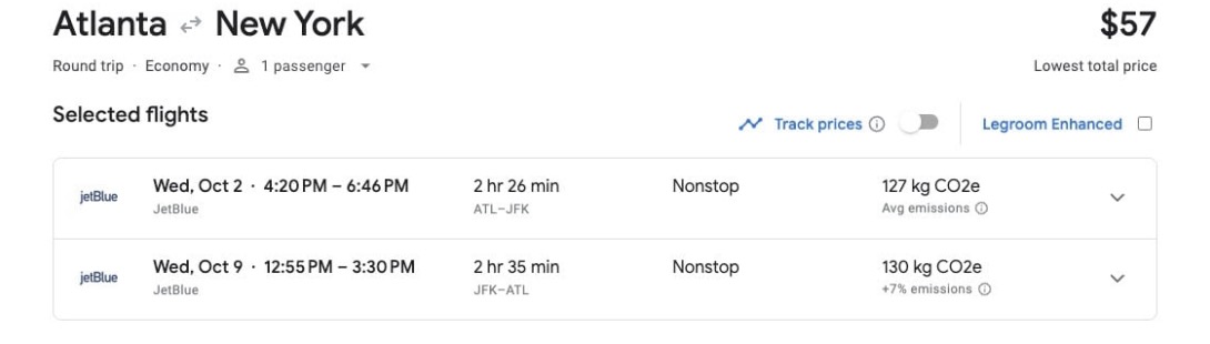 JetBlue fare from Atlanta to New York for $57 roundtrip
