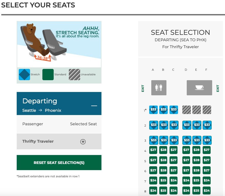 Seats selection on Frontier Airlines SEA to PHX