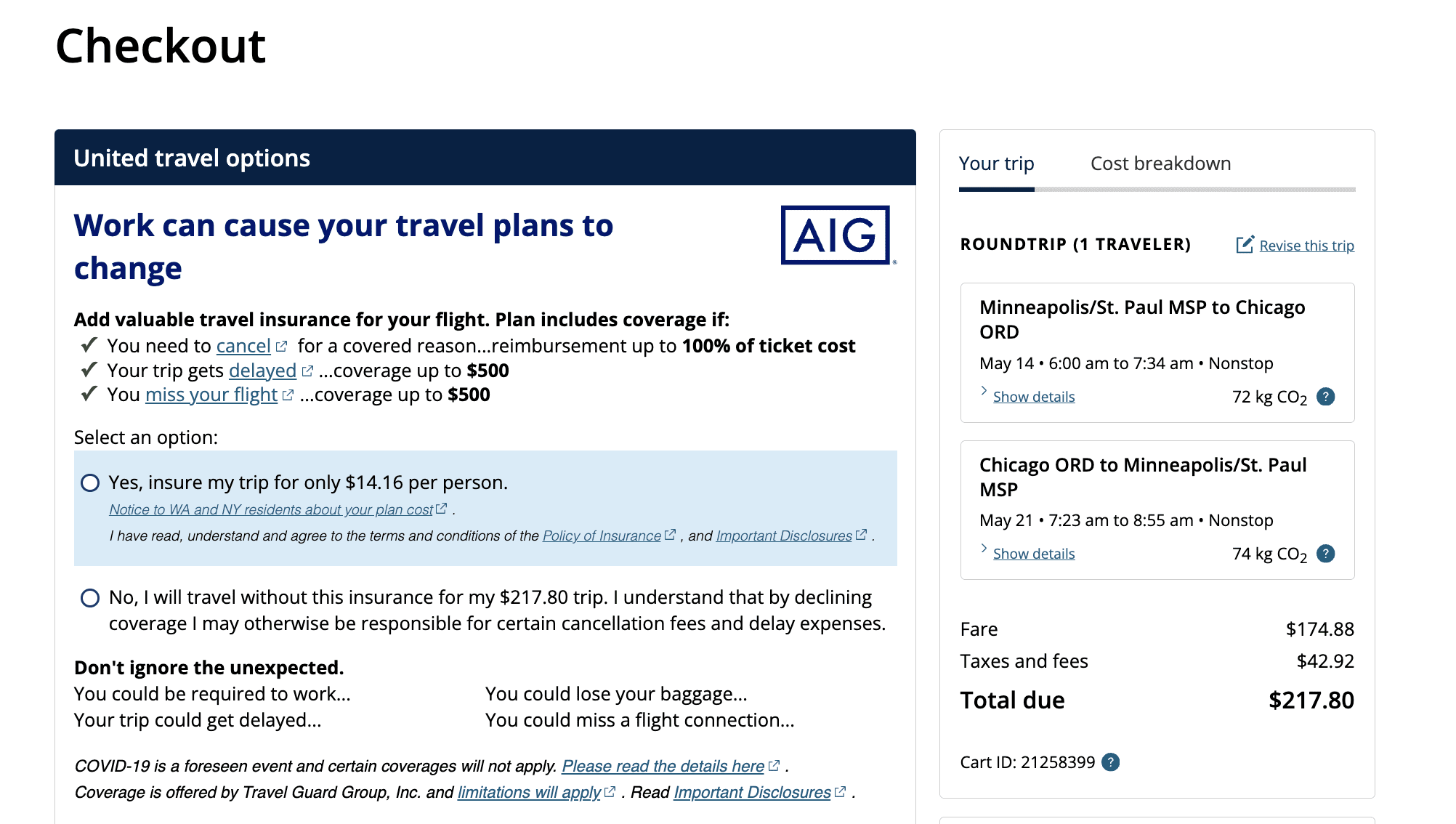United Airlines add-on travel insurance for a flight from Minneapolis to Chicago