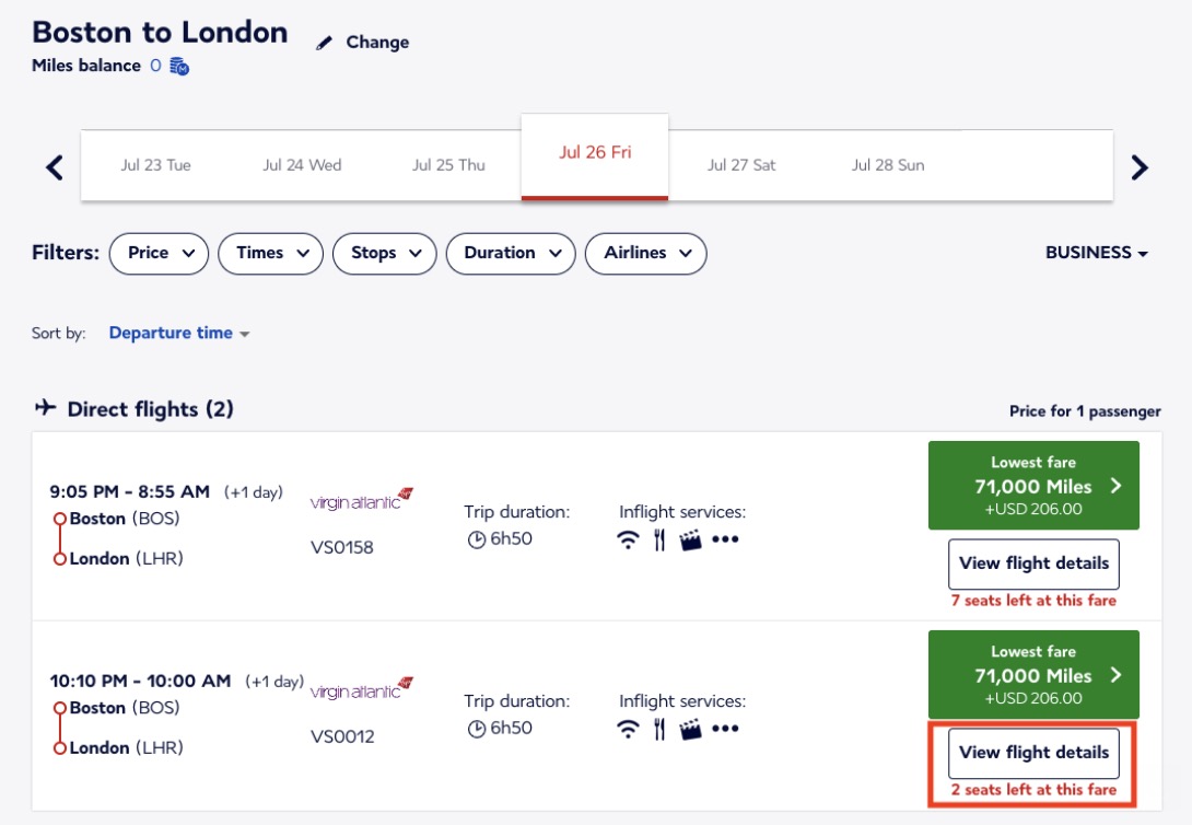 Virgin business class fare