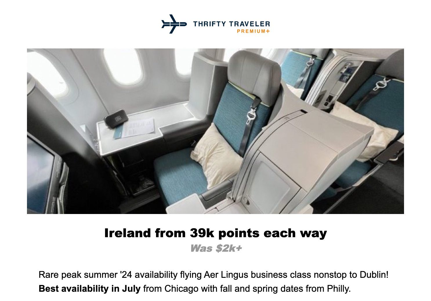 Aer Lingus business class Thrifty Traveler Premium flight deal 