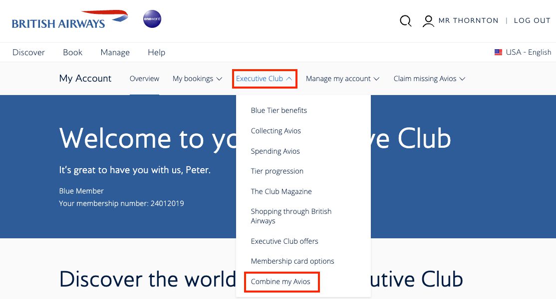 navigating to combine Avios on British Airways website