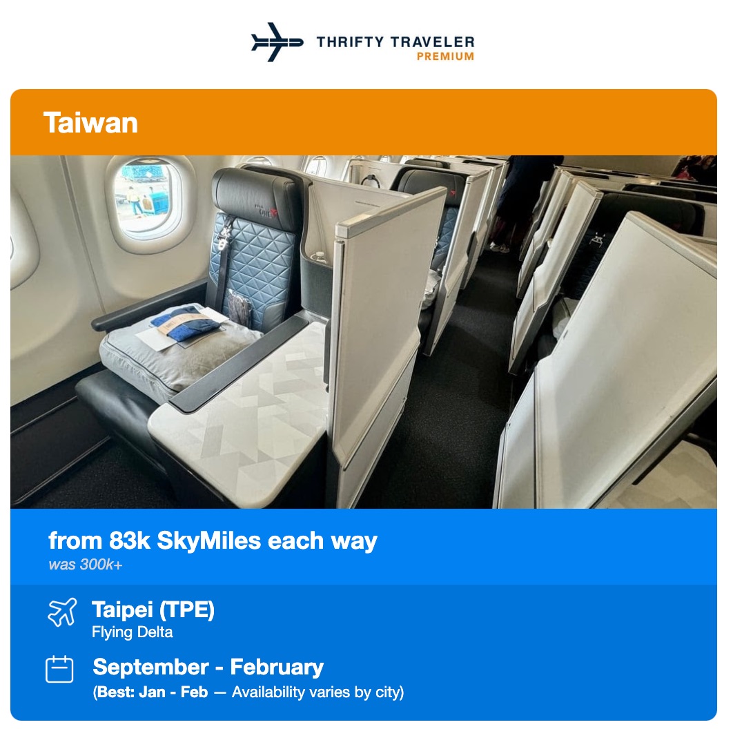 delta one business class deal to taiwan for 83,000 skymiles
