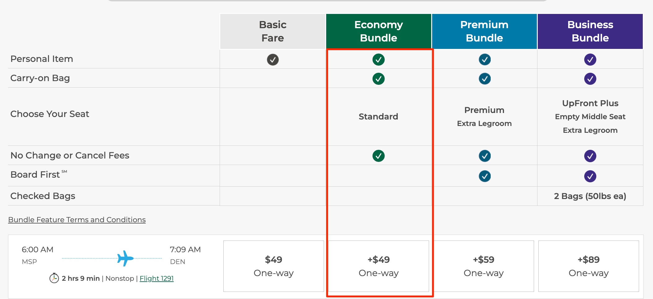A screenshot from Frontier's website showing what is included in the economy bundle.