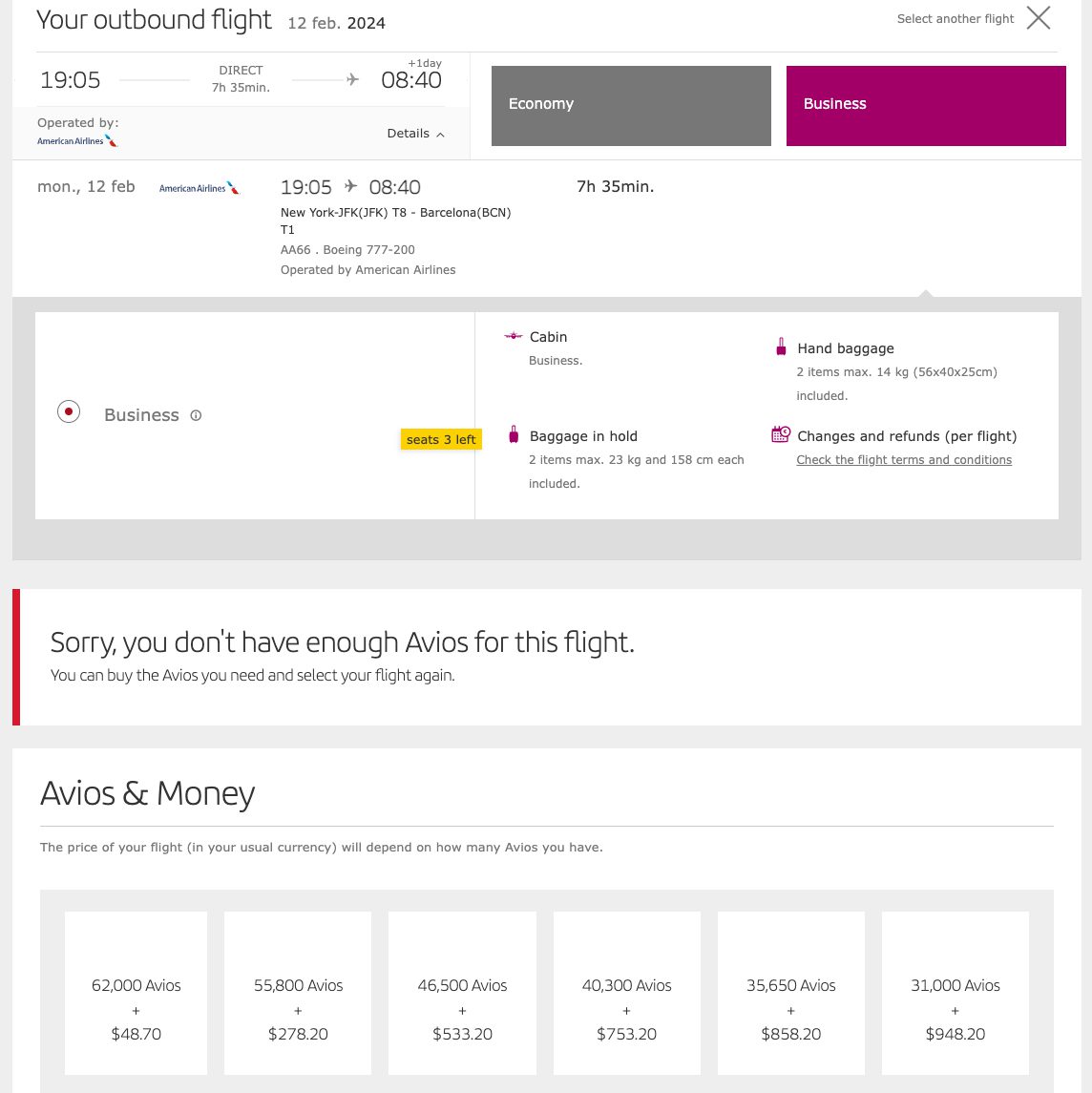 New York to Barcelona flying AA using Iberia Avios