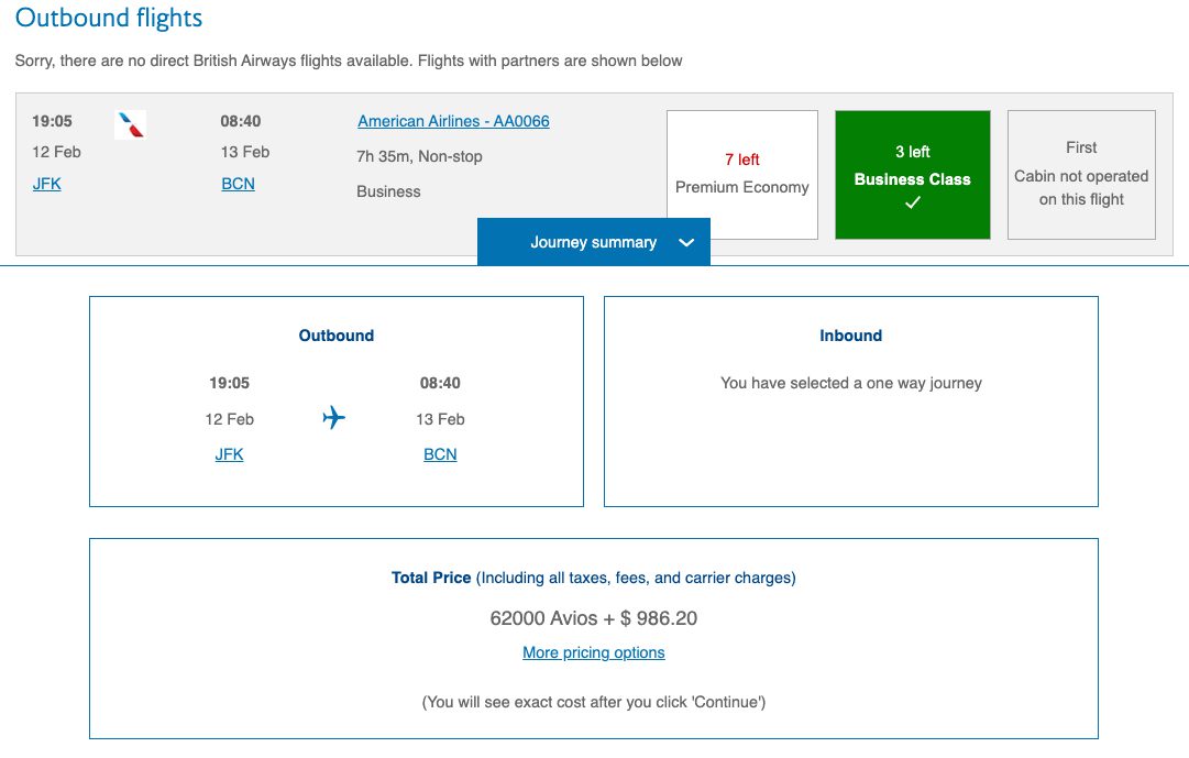 New York to Barcelona using British Airways Avios