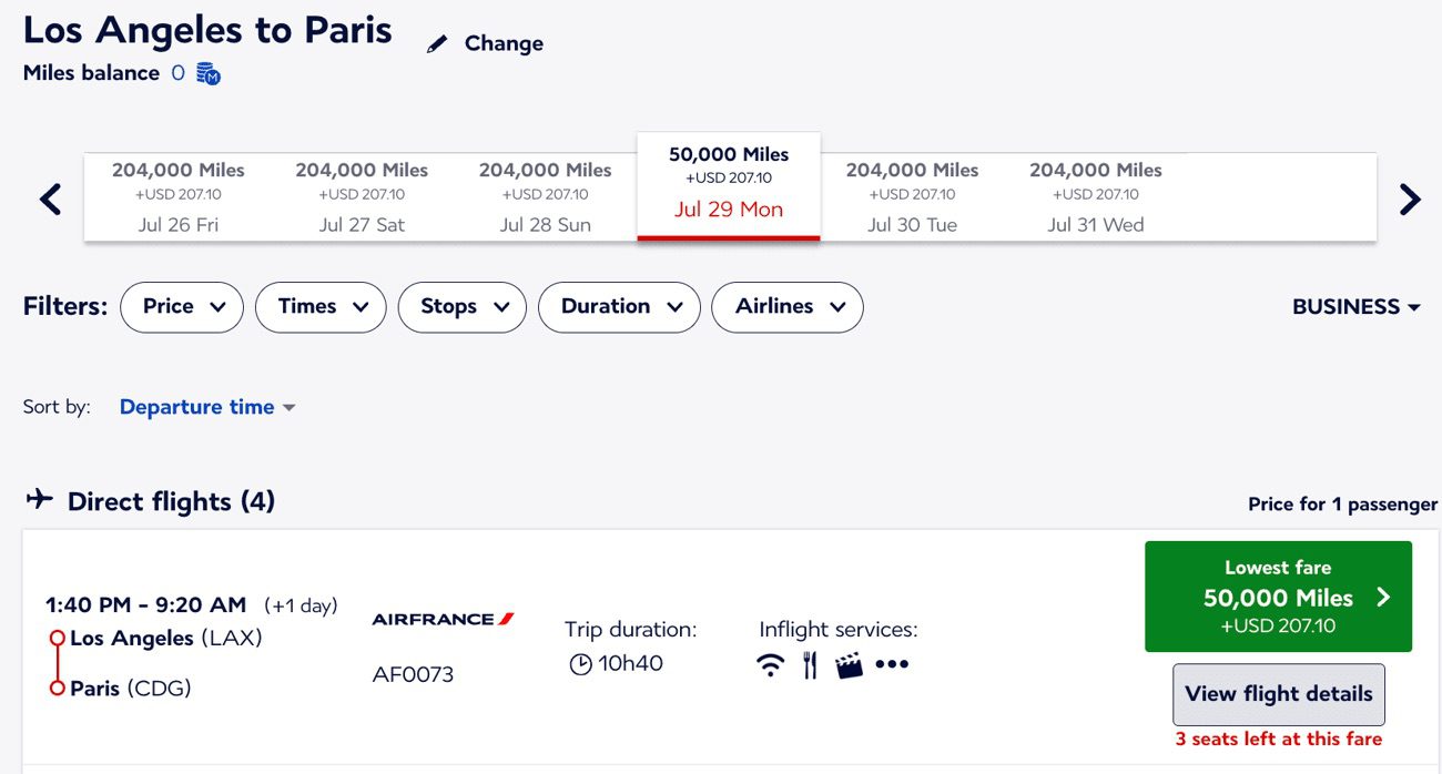 lax business class to paris