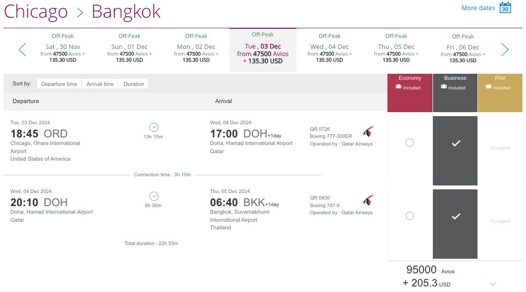 Chicago to Bangkok Qatar Qsuites