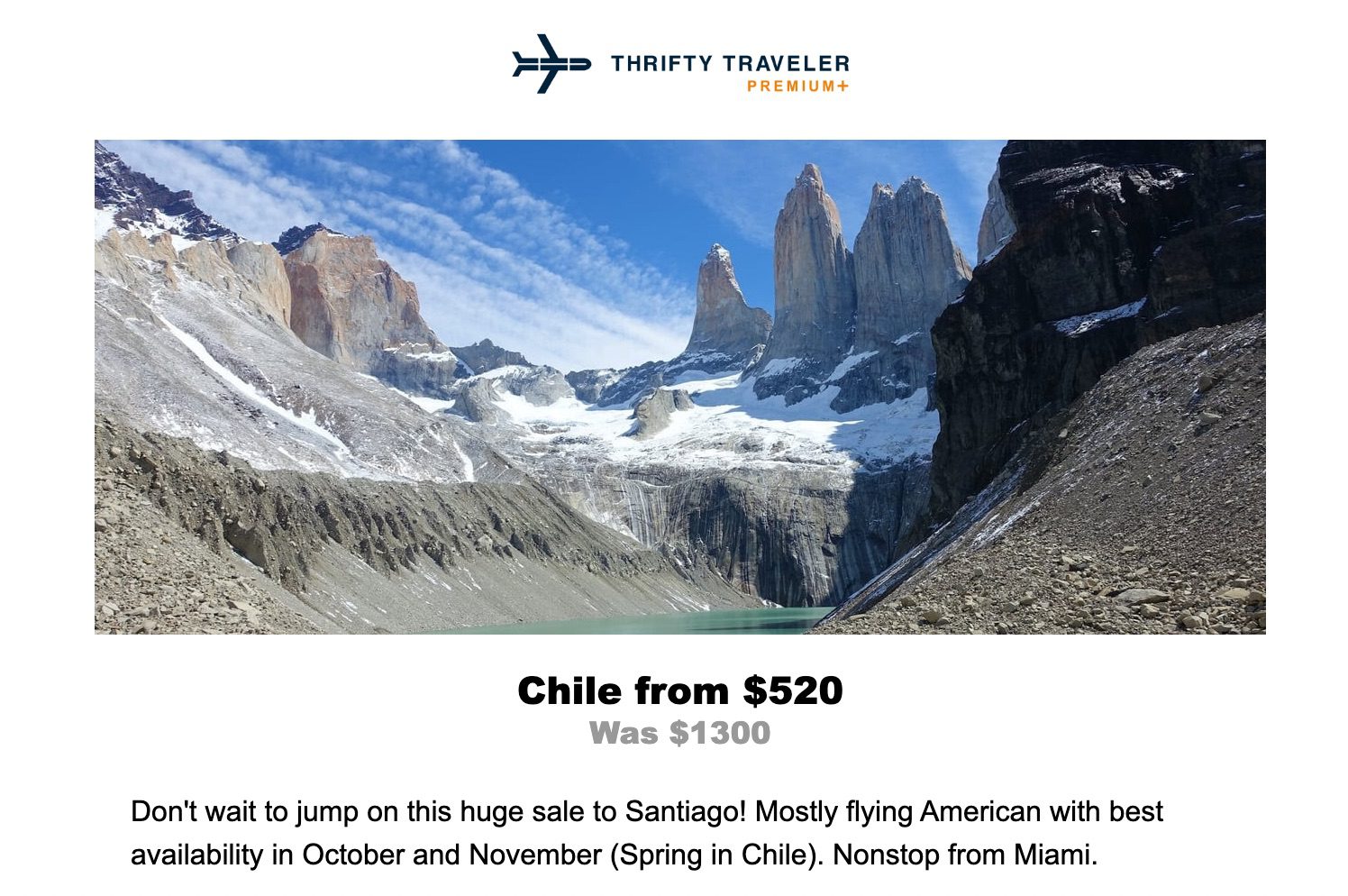 santiago chile thrifty traveler premium flight deal