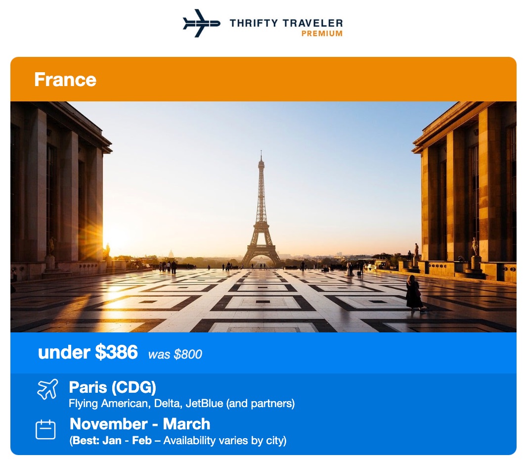thrifty traveler deal to paris for $385 with a photo of the eiffel tower