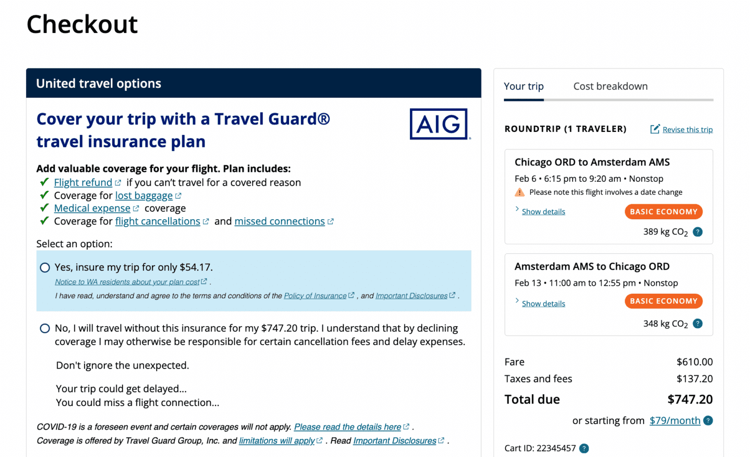United Airlines add-on travel insurance for a Chicago to Amsterdam flight
