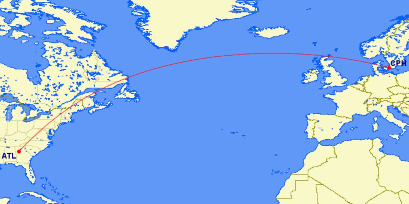 Map of route from Atlanta (ATL) to Copenhagen (CPH) 