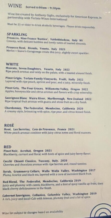 Amex Lounge SEA Wine Menu