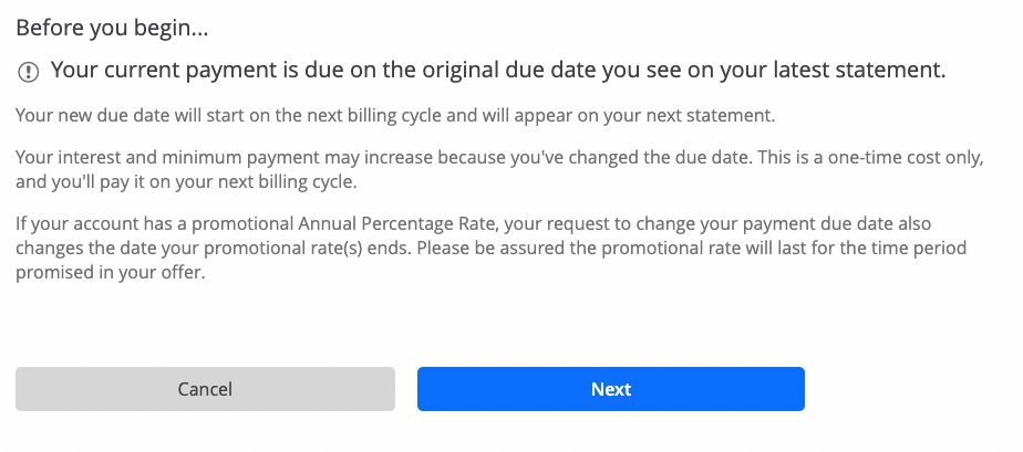 Chase due date change warning screen