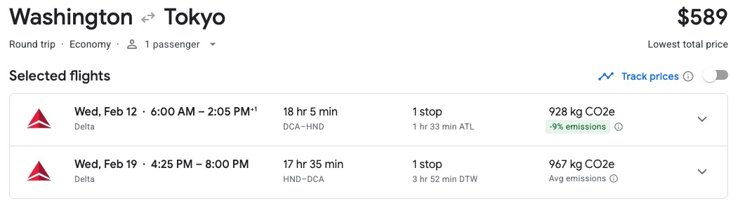 Google Flights Washington to Tokyo roundtrip flight on Delta $589 