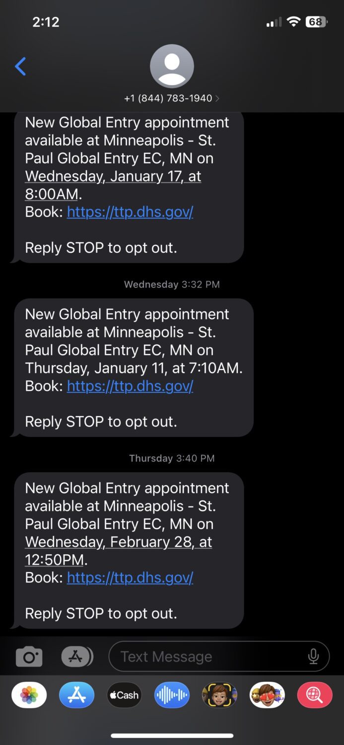 text message from global entry spotter