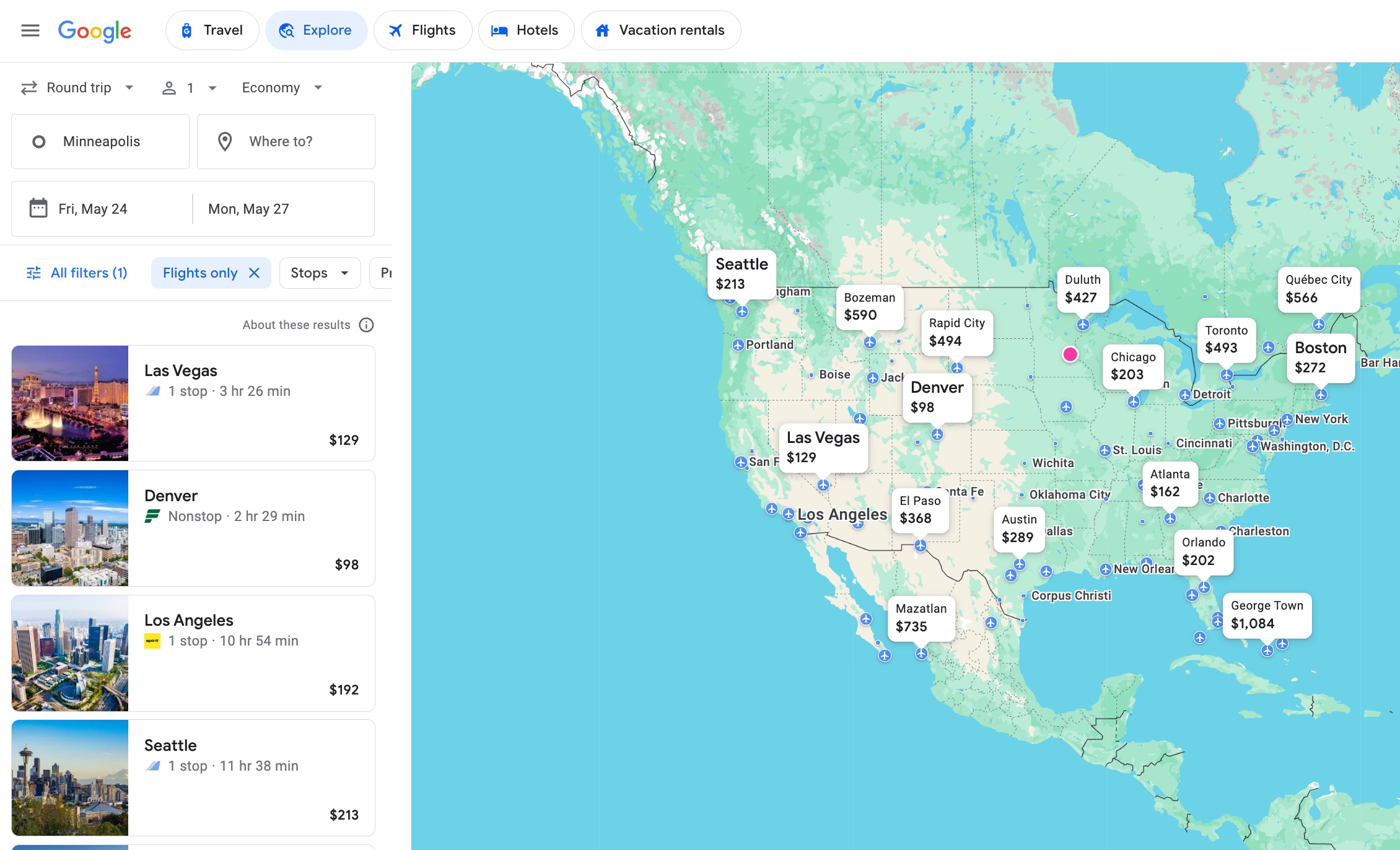 Google Flights Explore Minneapolis flights
