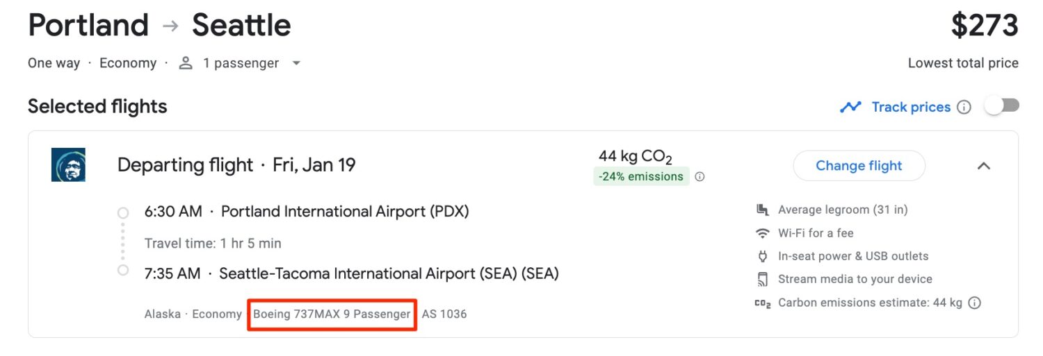Google Flights Alaska Airlines Portland (PDX) to Seattle (SEA) flight