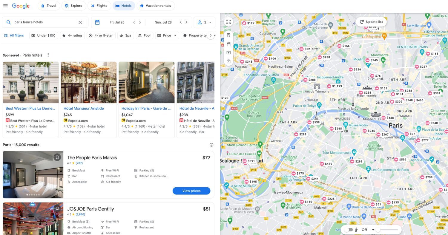 Google Hotels search for hotels in Paris in July
