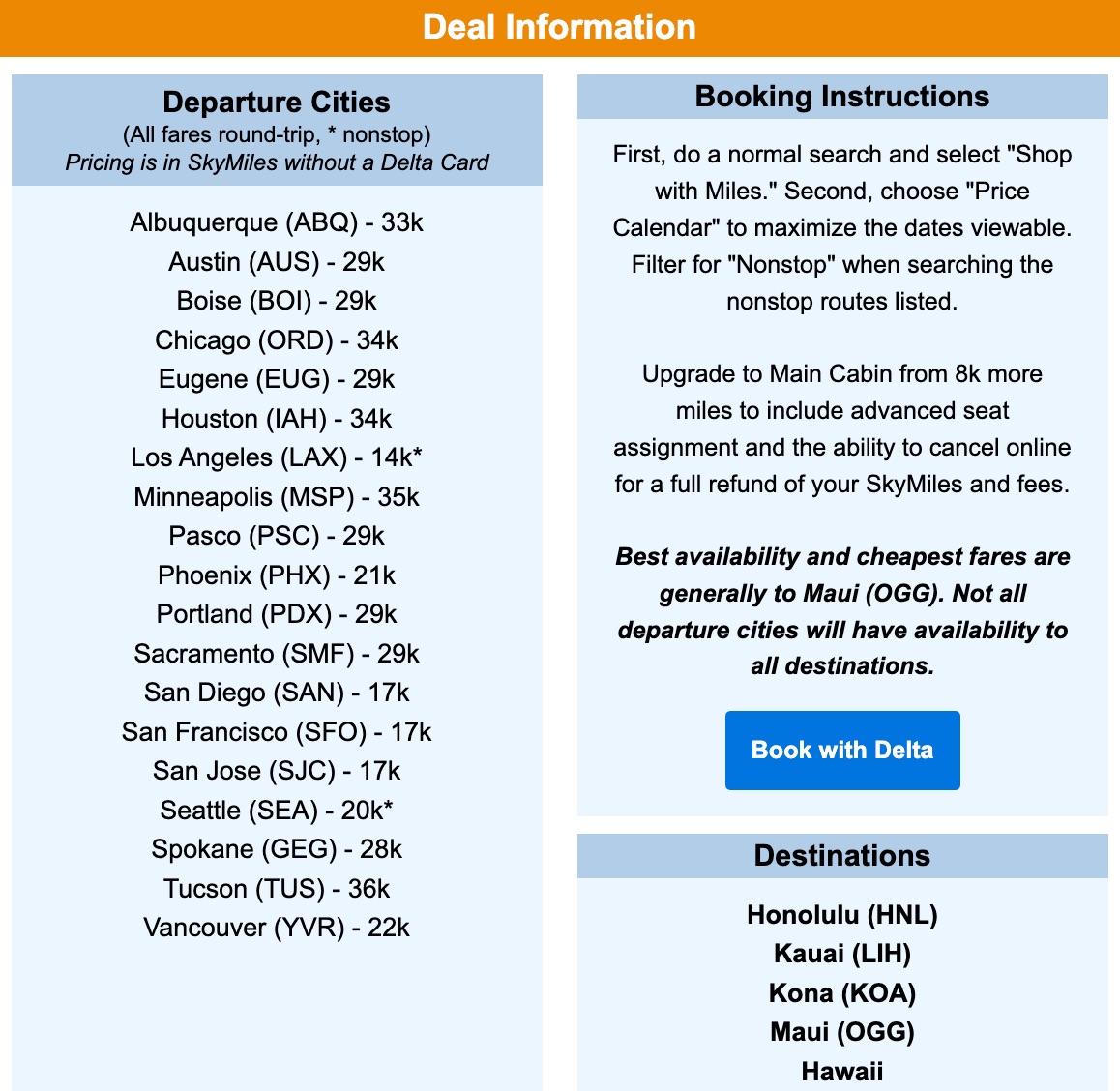 Hawaii SkyMiles Thrifty Traveler Premium deal departure cities 