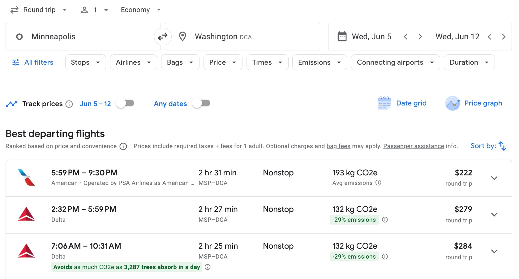 MSP-DCA Google Flights