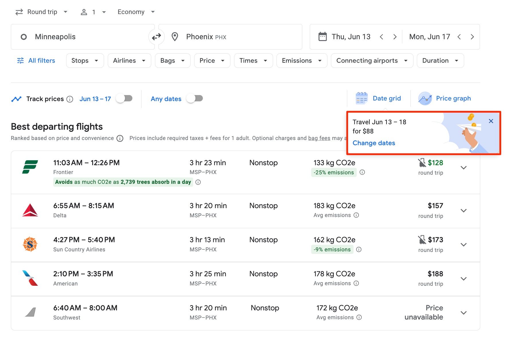 MSP-PHX Google Flights search