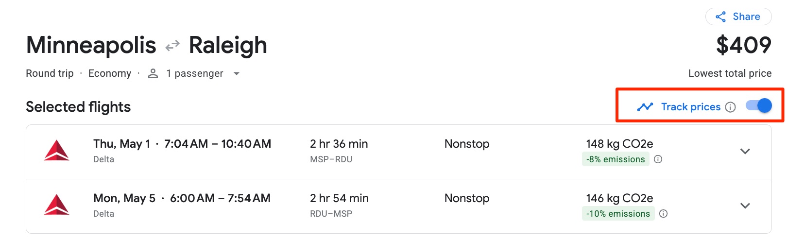 Google Flights search result for a Minneapolis to Raleigh roundtrip flight on Delta for $409. The option to track prices is highlighted in a red box. 