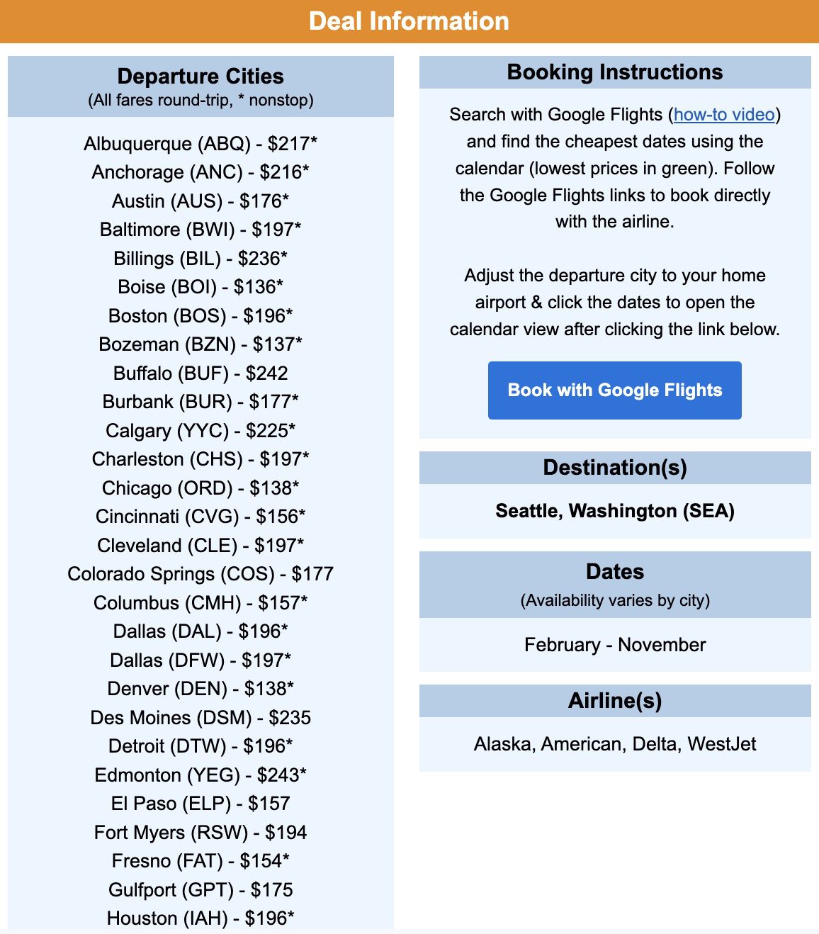 Seattle flight deal info