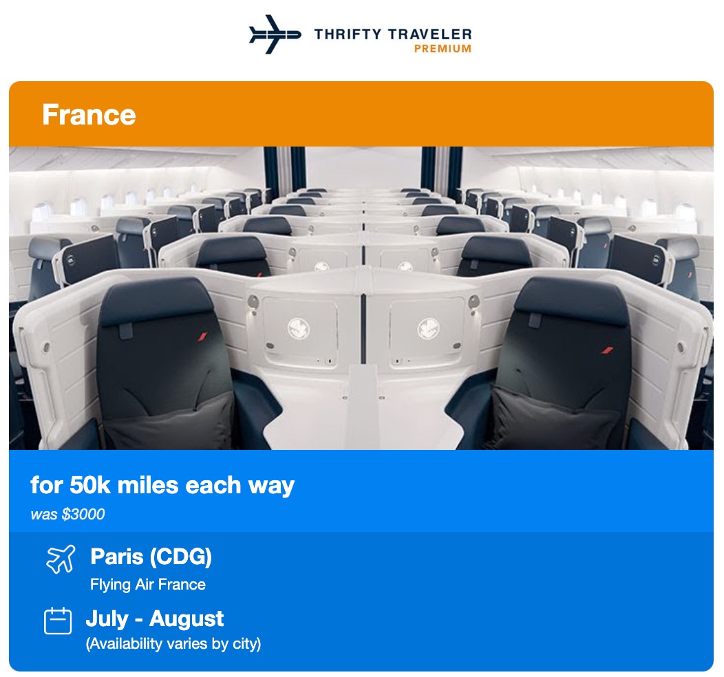 air france business class alert from thrifty traveler premium with a business class seat pictured