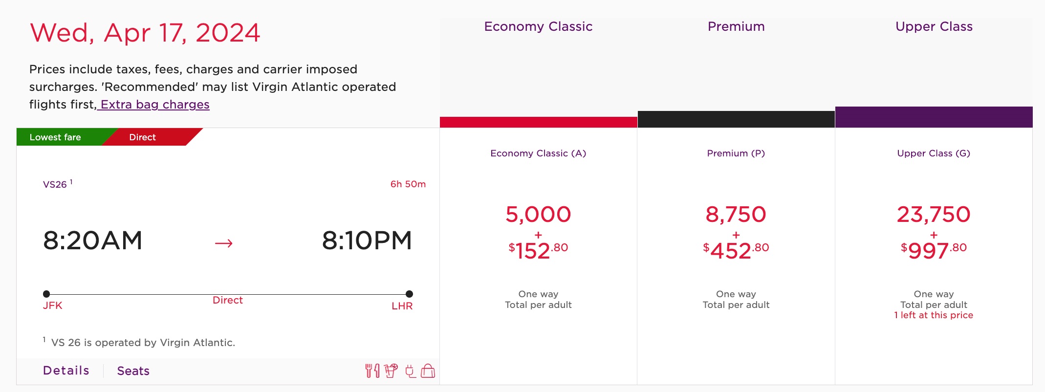 Virgin Atlantic award booking for one-way flights from New York (JFK) to London (LHR)