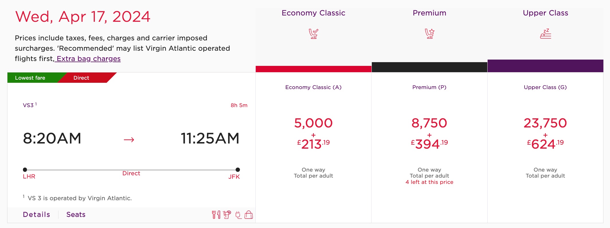 Virgin Atlantic award booking for flights from London (LHR) to New York (JFK)