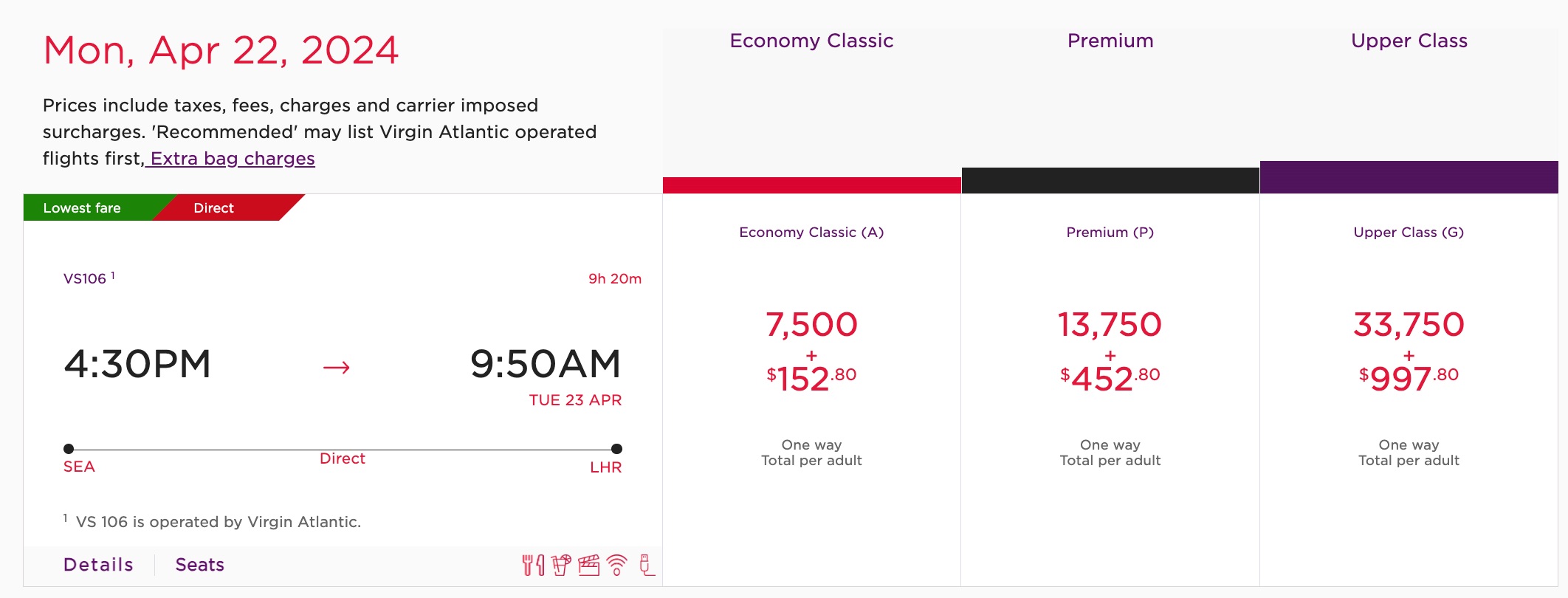 Virgin Atlantic award flight SEA-LHR