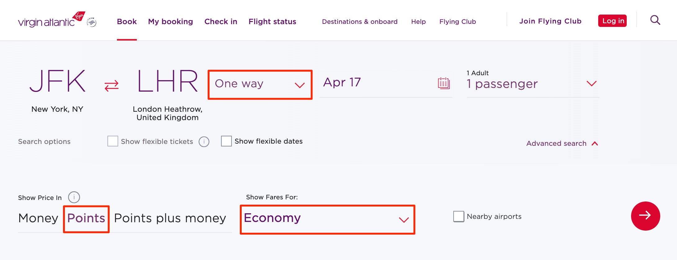 Virgin Atlantic award search