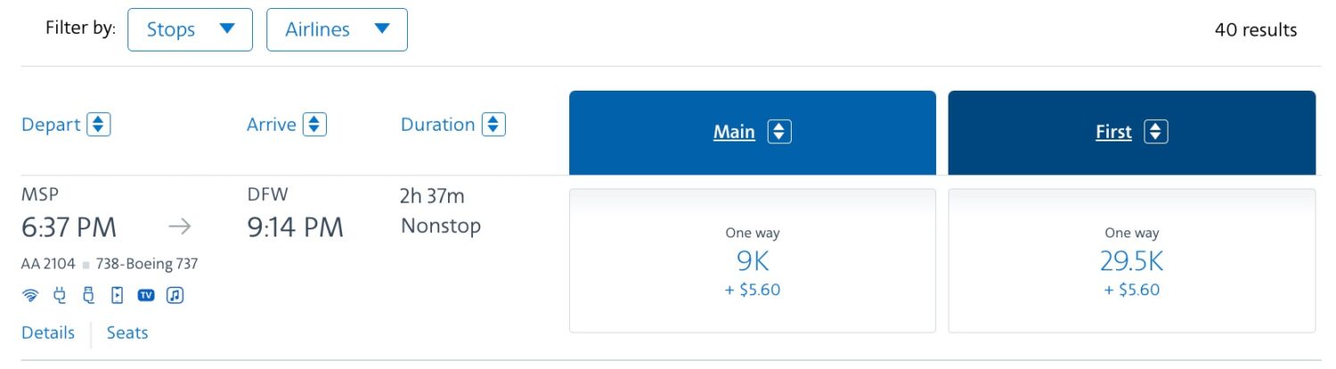 aa fare from points path