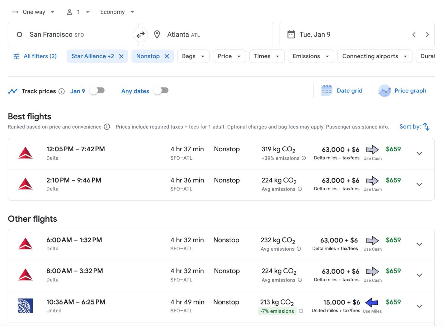 points path sfo to atlanta