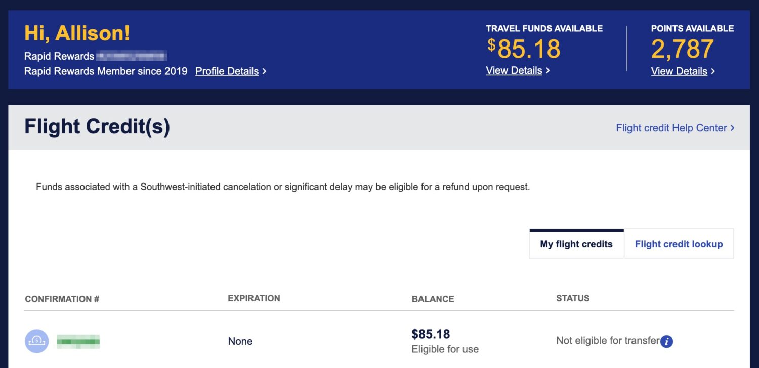 Southwest Airlines flight credits